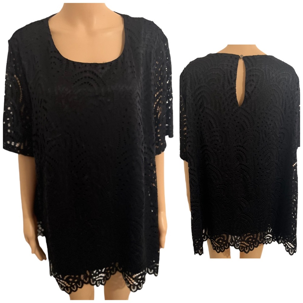 Chicwe Women's Plus Size 3X Black Boho Lace Sleeve Lined Blouse Top